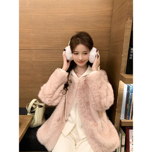 SHAOER【粉色泡泡龙】冬季温柔双排扣宽松毛毛外套女S725X20619