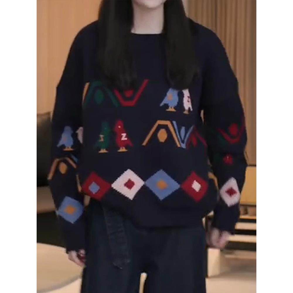 ROUMIKL今年流行独特设计感套头毛衣女秋时髦菱格卡通图案针织打