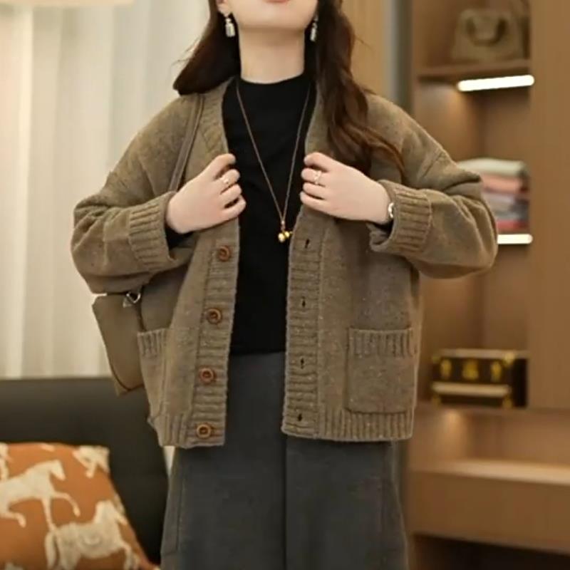 ROUMIKL宽松显瘦V领正肩长袖针织开衫毛衣女装秋冬新款韩版百搭外