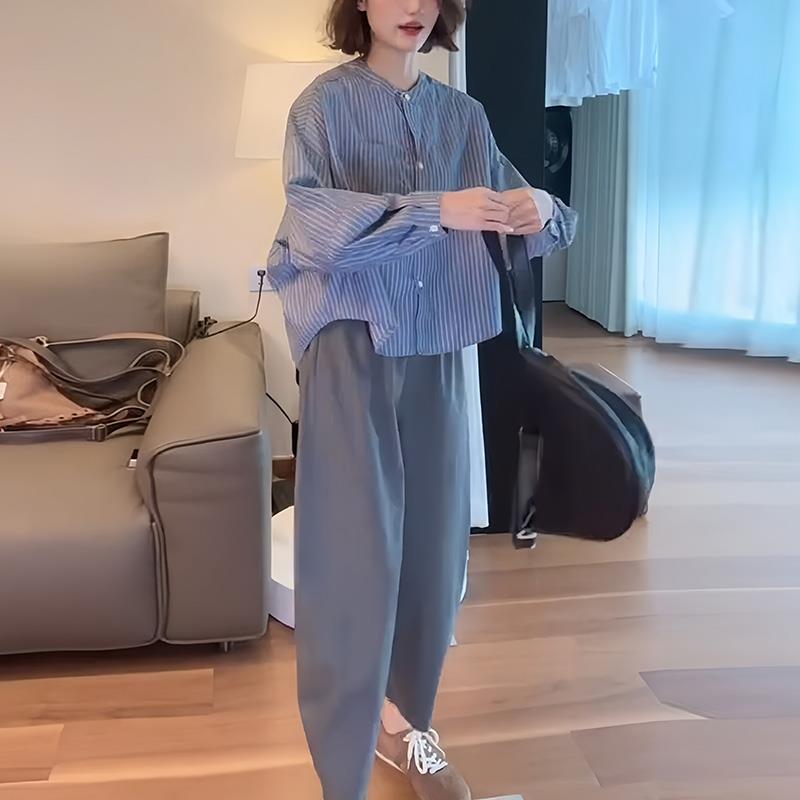 ROUMIKL韩系时尚气质简约百搭条纹衬衫女款秋季减龄上衣高级感休