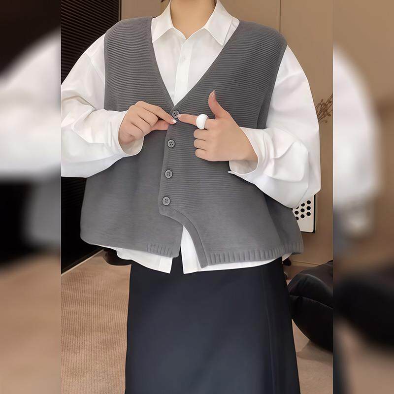 ROUMIKL设计感针织马甲外套叠穿长袖白色衬衫秋季上衣套装女文艺