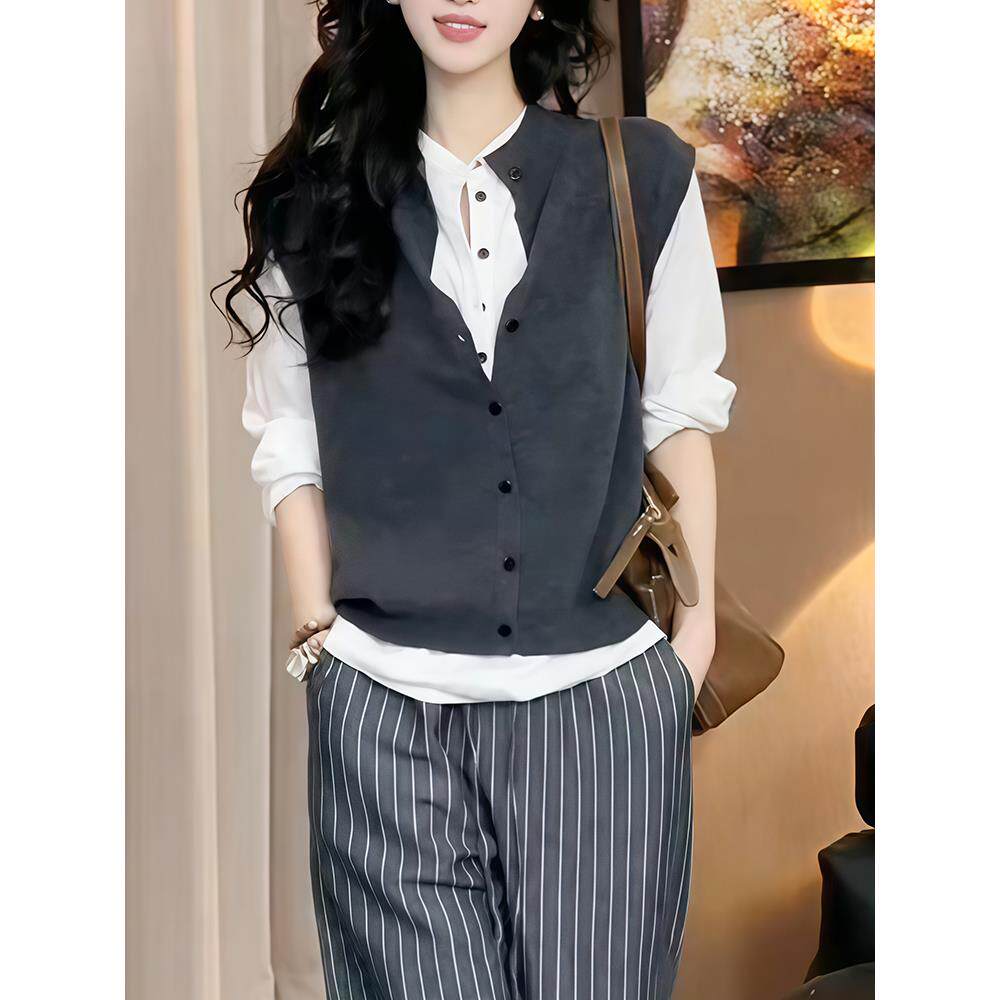 ROUMIKL秋装搭配一整套韩系气质休闲针织背心马甲叠穿衬衫上衣两