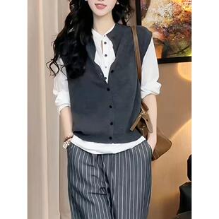 ROUMIKL秋装搭配一整套韩系气质休闲针织背心马甲叠穿衬衫上衣两