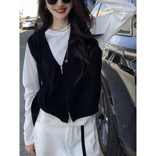 ROUMIKL时尚套装气质外穿无袖开衫马甲女新款秋季圆领长袖白色上