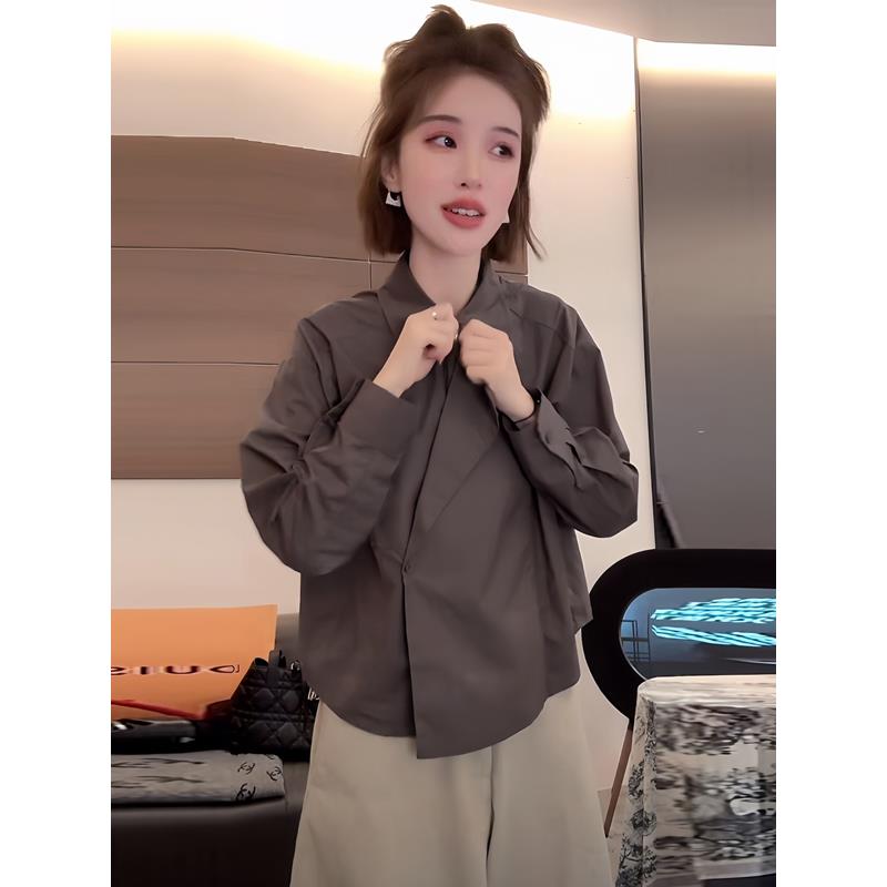 ROUMIKL法式气质通勤黑色赫本风翻领衬衫秋季女式设计感抽绳减龄