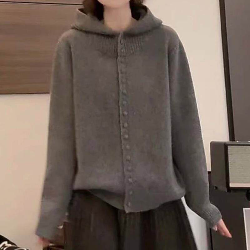 ROUMIKL圆领长袖开衫连帽针织衫女秋宽松显瘦原宿港风毛衣正肩袖