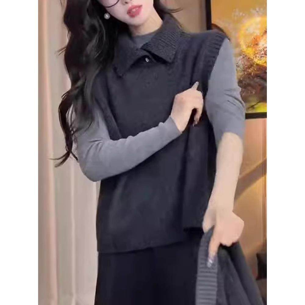 ROUMIKL半开高领针织背心马甲女士秋季法式外穿叠穿内搭打底衫T恤