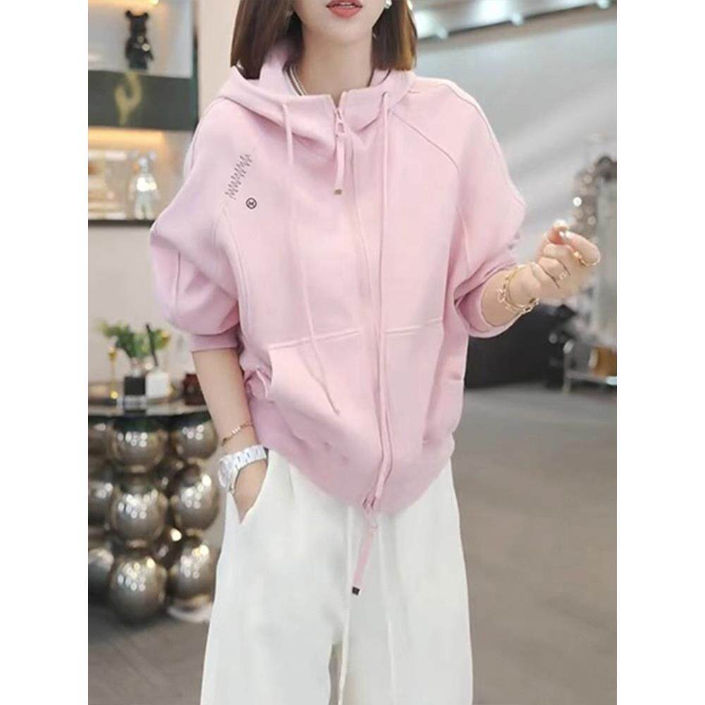 ROUMIKL韩系慵懒风拉炼连帽卫衣女春秋季2025新款小个子宽松休闲