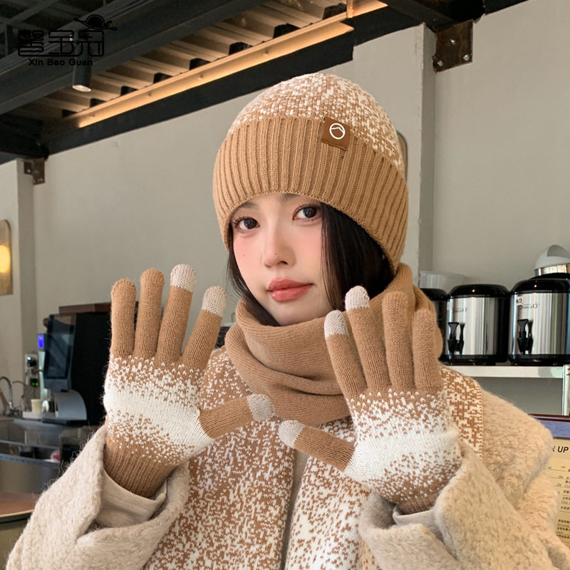 冬季保暖加绒帽子围巾套装防寒护耳套头毛线帽女士百搭时尚针织帽