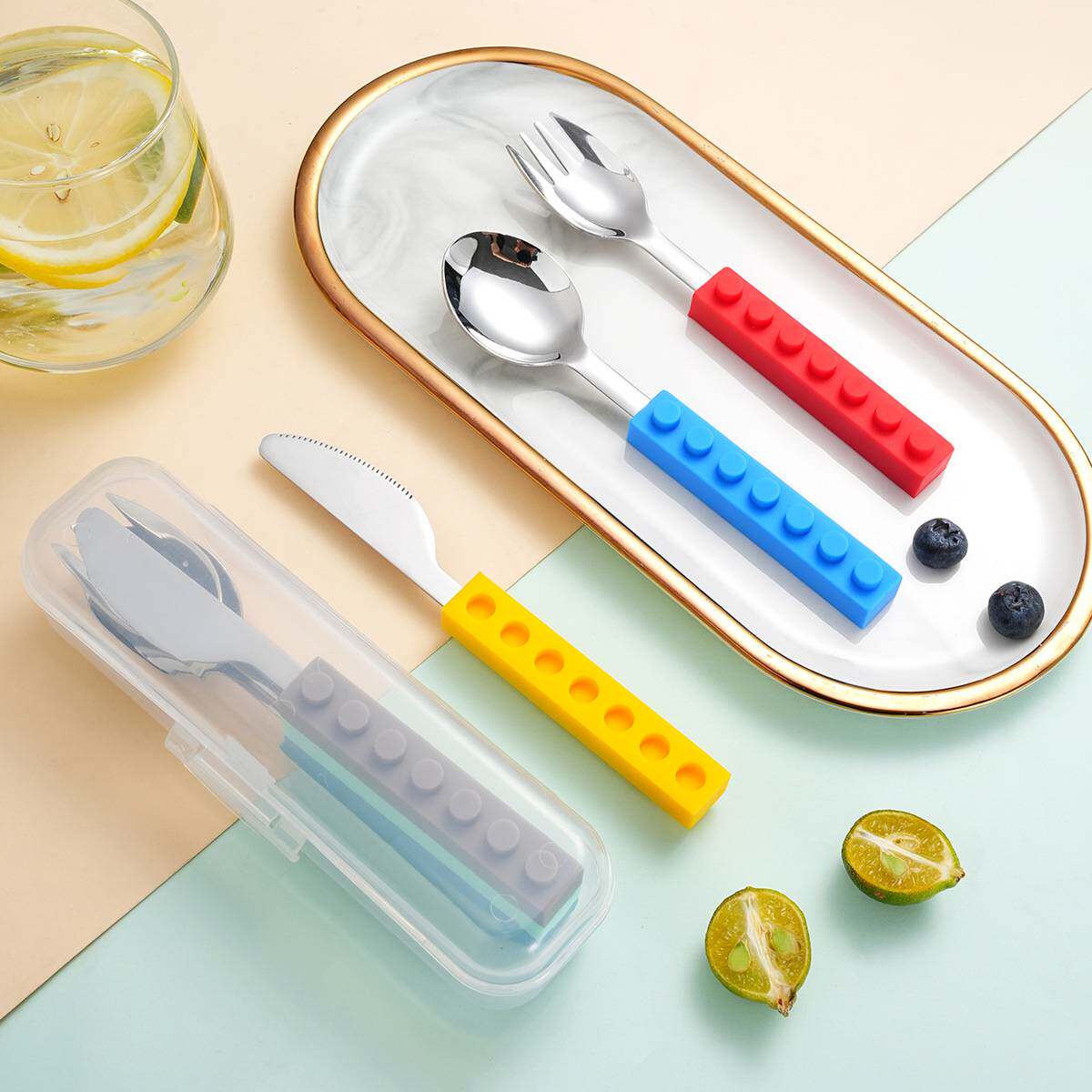 创意积木硅胶柄儿童餐具宝宝辅食简约刀叉勺不锈钢收纳家用三件套
