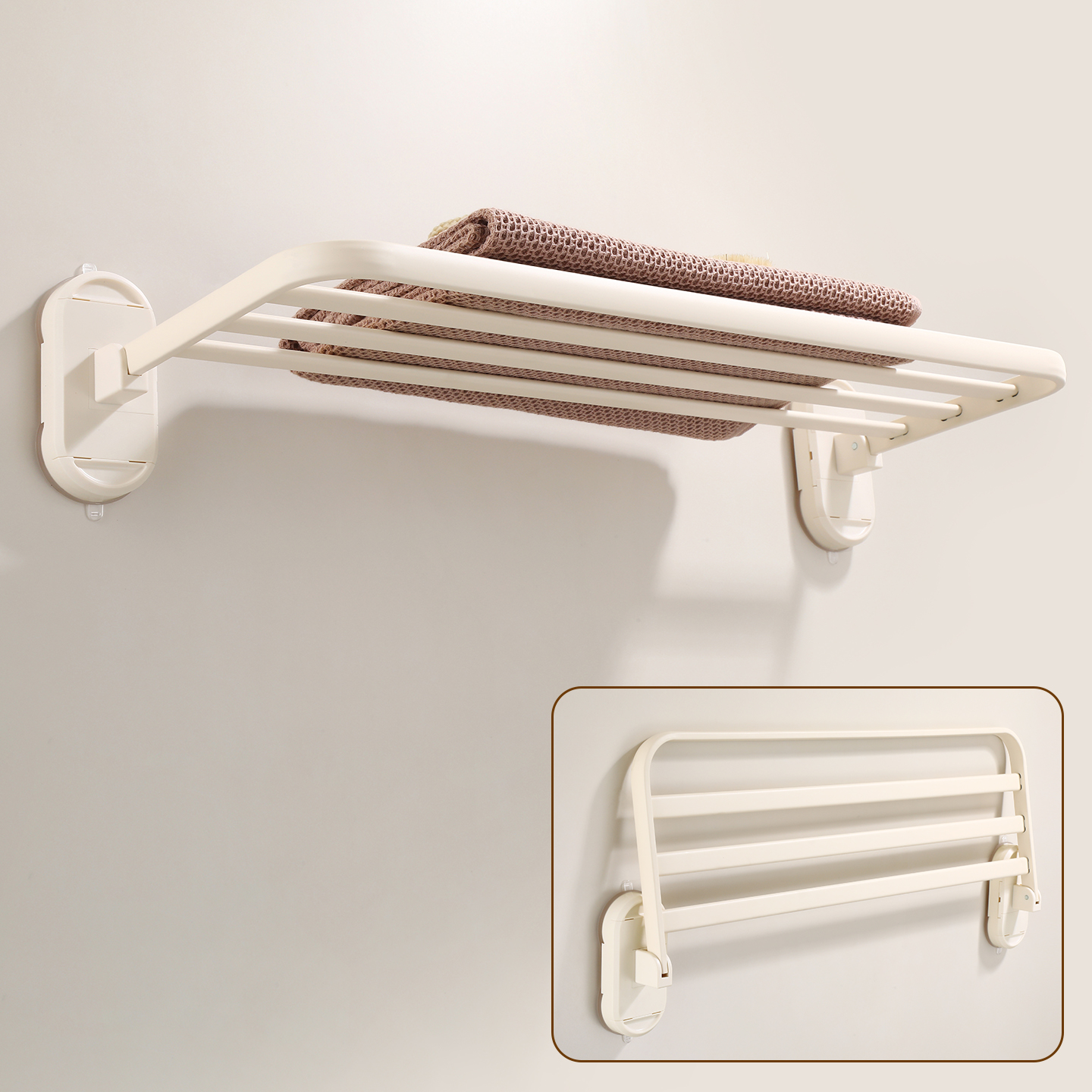 吸盘奶油白浴室毛巾架壁挂免打孔