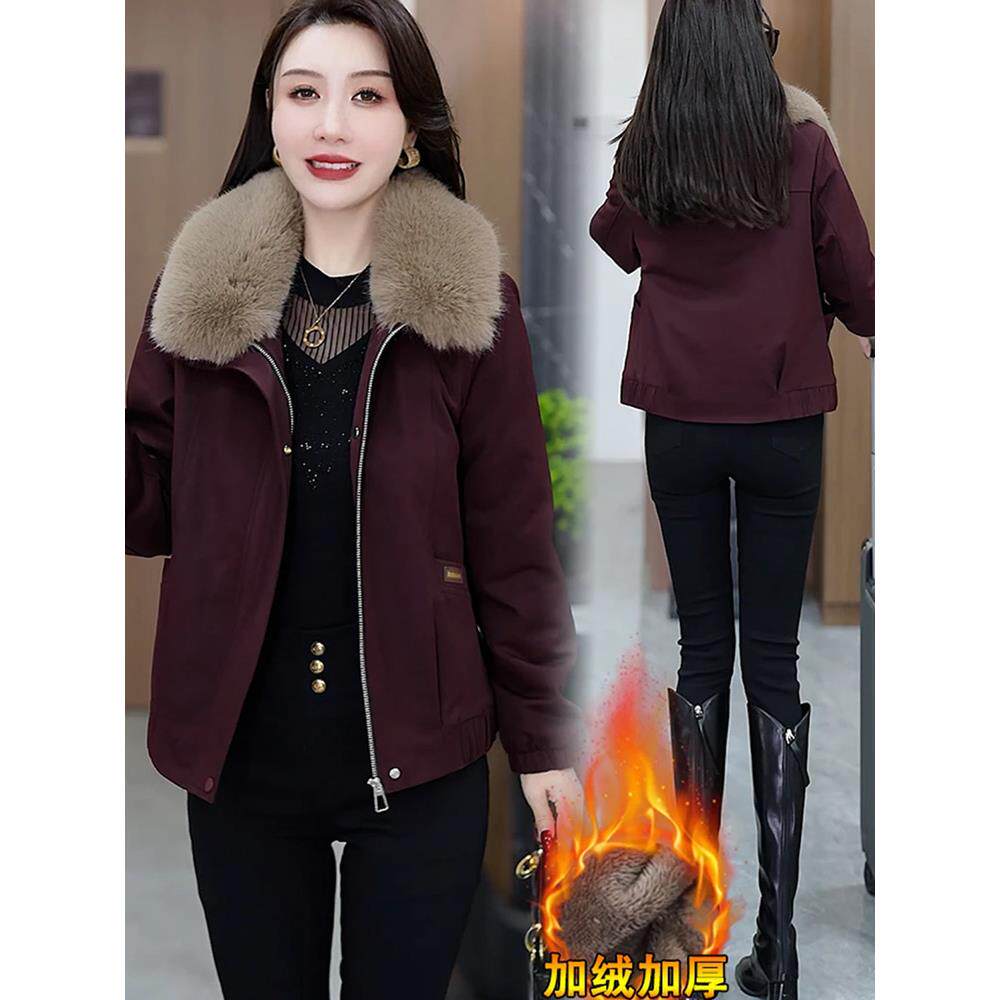 ROUMIKL加绒加厚派克服女短款外套秋冬季休闲连帽大毛领保暖显瘦