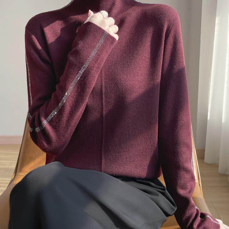 ROUMIKL外贸重工烫钻半高领针织衫女款保暖洋气毛衣