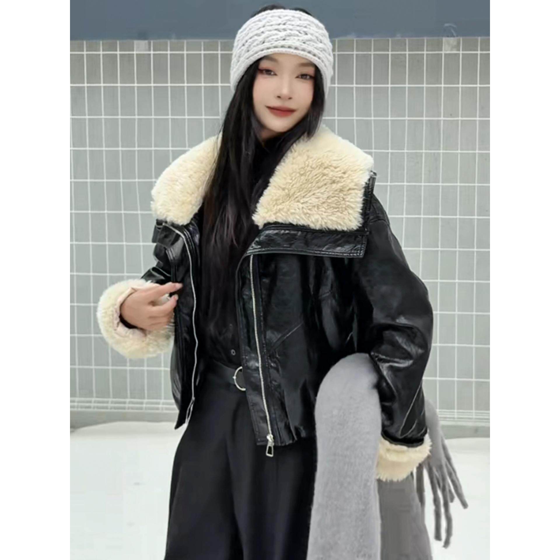 ROUMIKL加绒皮衣短外套女2025年冬季新款洋气翻领显瘦百搭皮夹克
