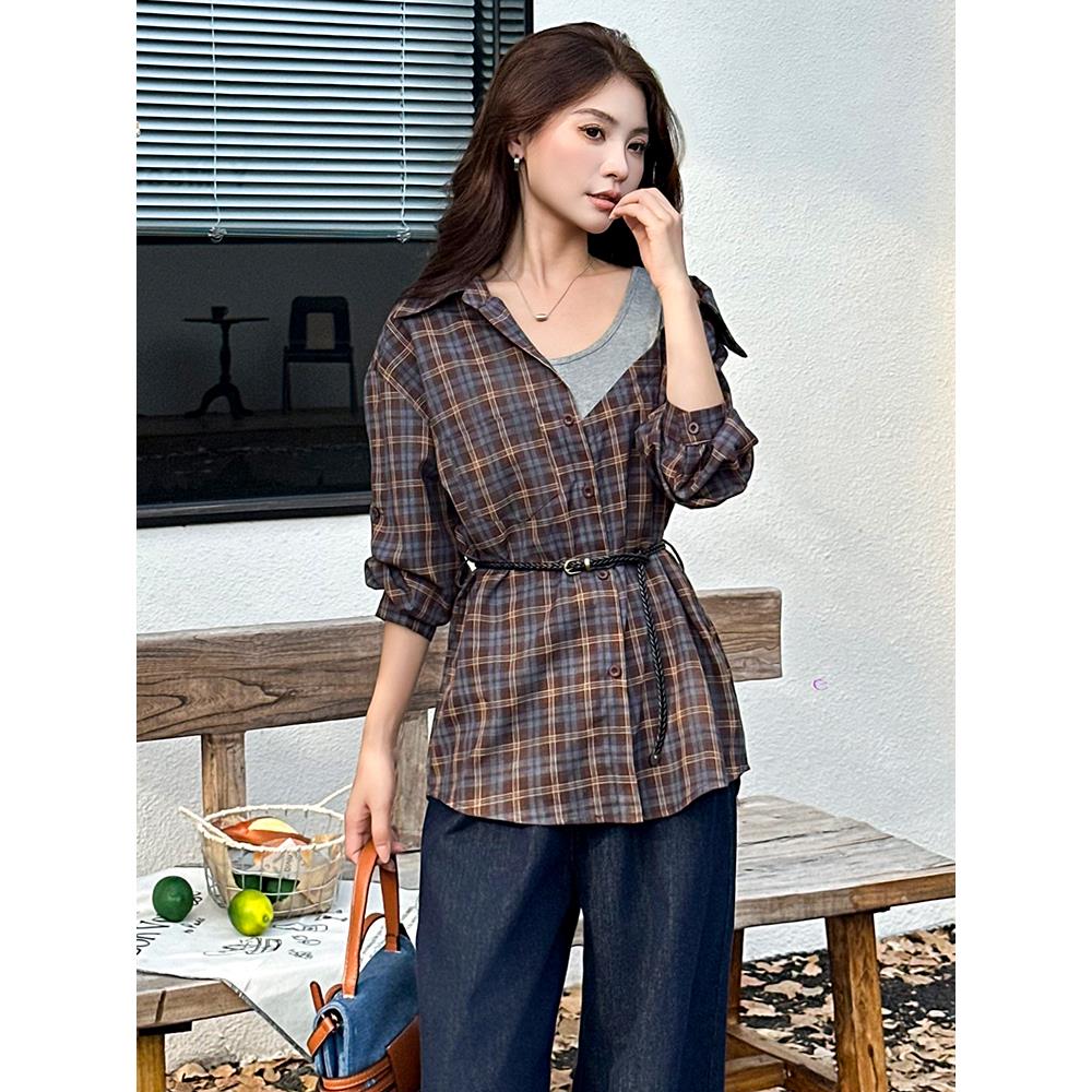 ROUMIKL设计感洋气假两件格子衬衣女2025年春秋新款设计感收腰显