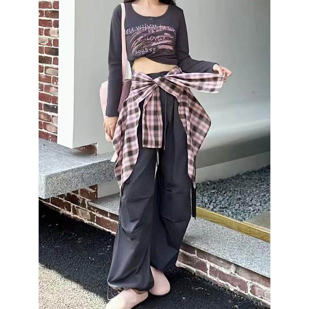 ROUMIKL甜酷时尚美式工装阔腿裤套装女春秋季新款长袖圆领短款t恤