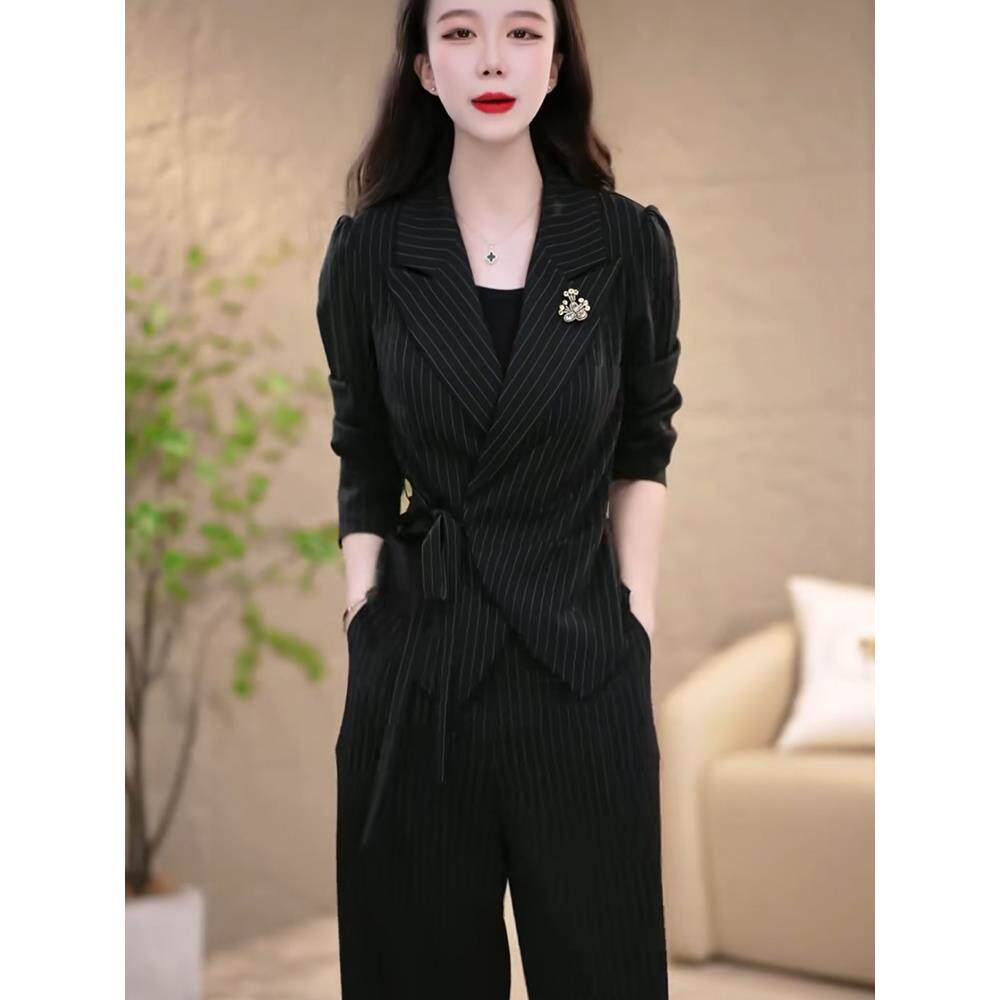 ROUMIKL高级感西装套装女2025年春秋季新款气质收腰显瘦系带阔腿