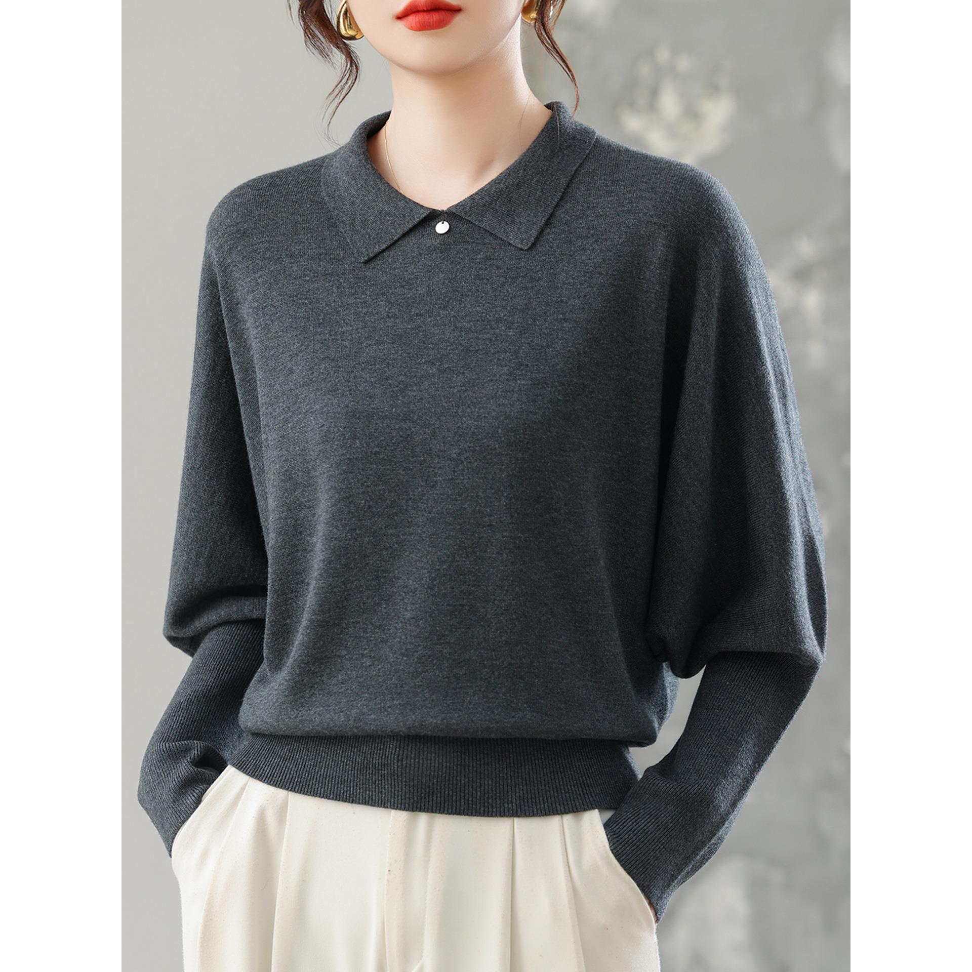 ROUMIKL娃娃领针织衫女秋季蝙蝠袖长袖上衣2025新款早秋薄款显瘦