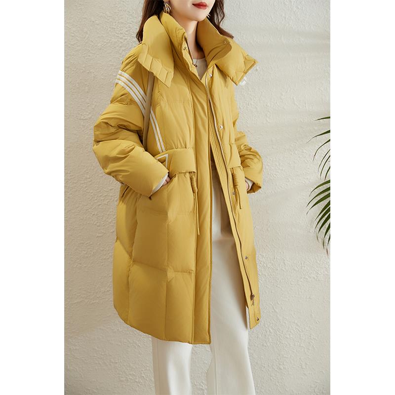 ROUMIKL时尚黑色外套女中长版2024冬季新款韩版宽松立领高端白鸭