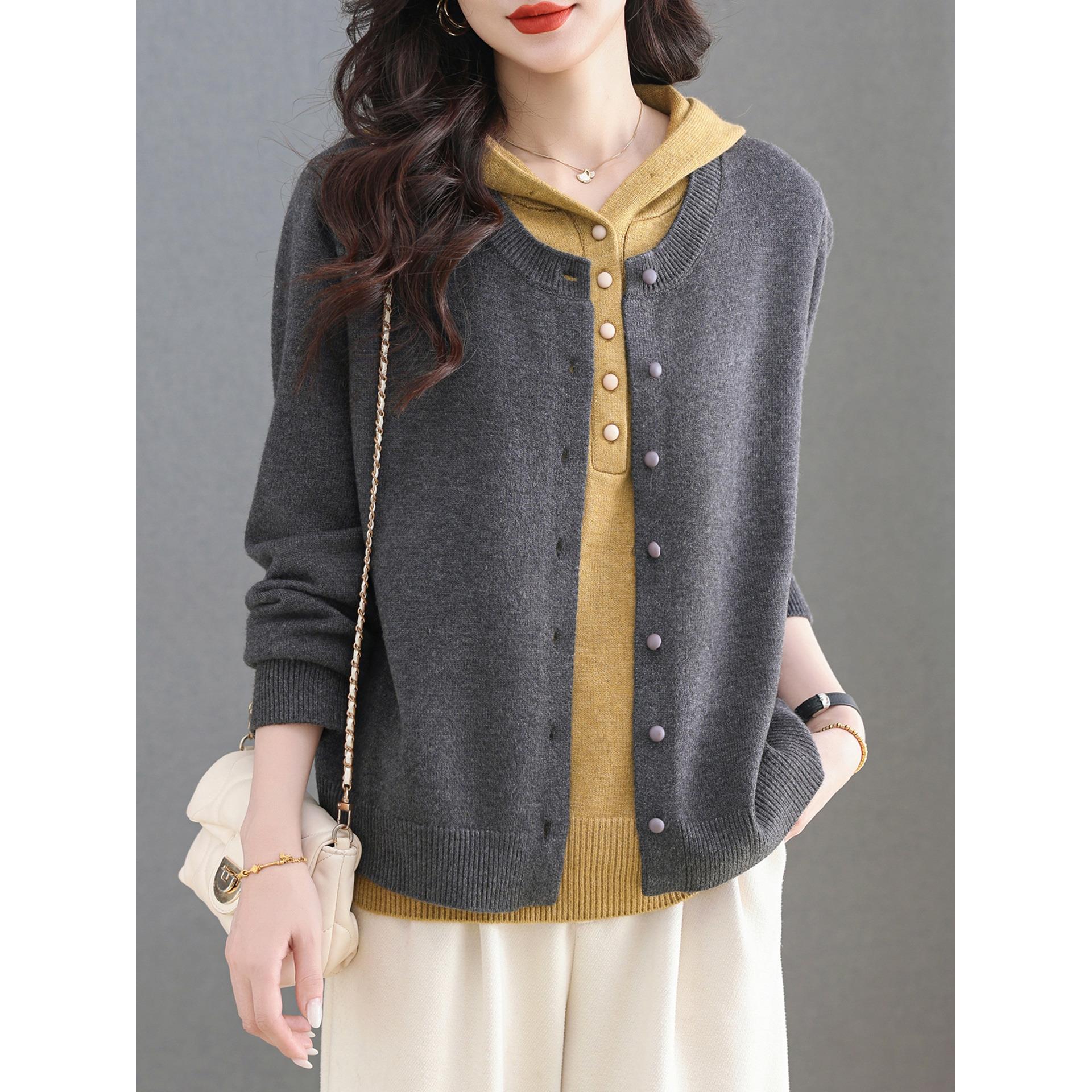 ROUMIKL假两件上衣女时尚洋气减龄连帽针织衫2025新款春秋季休闲