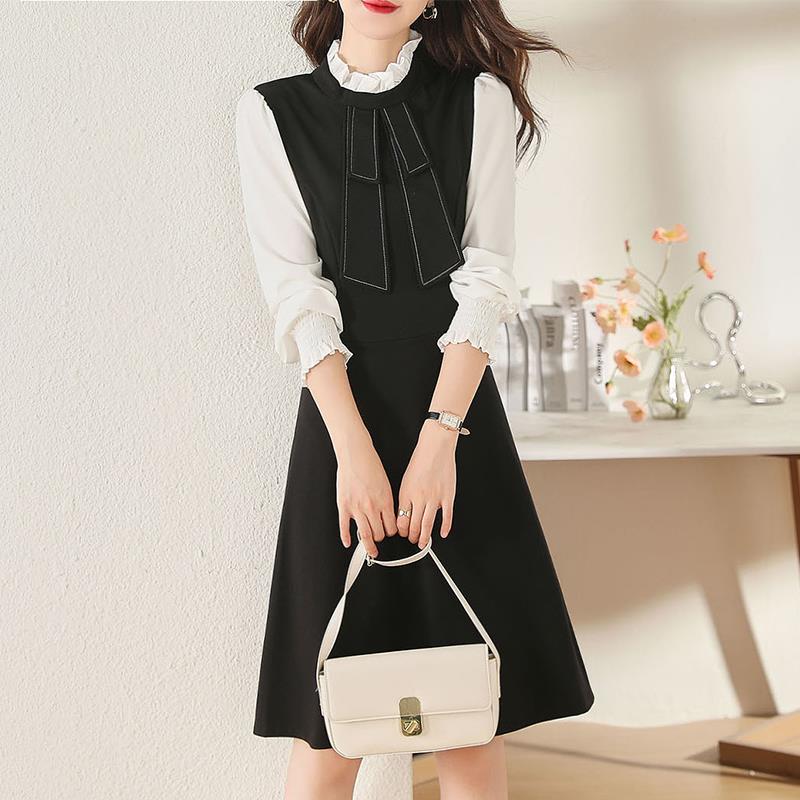 ROUMIKL女神范黑白拼接假两件长袖洋装女春装2025新款高腰减龄A字