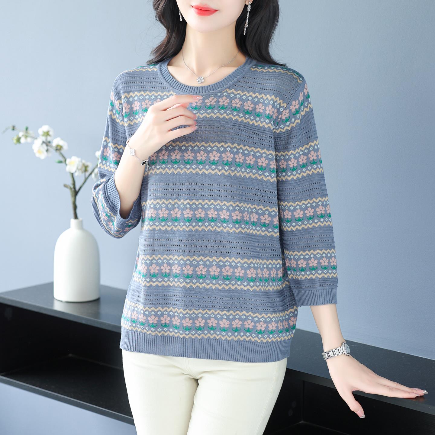 ROUMIKL中年妈妈秋装薄款镂空针织衫上衣女洋派提花宽松七分袖打