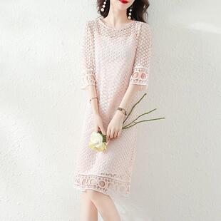 ROUMIKL春季2025法式新款显瘦直筒蕾丝小个子镂空白色连衣裙子女