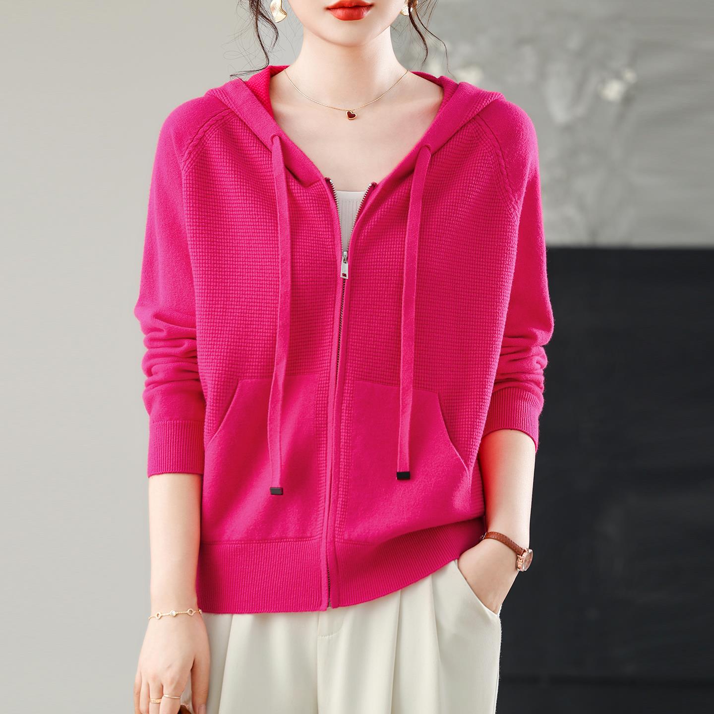 ROUMIKL连帽针织衫女士春秋拉链长袖开衫上衣毛衣外套早秋装2025