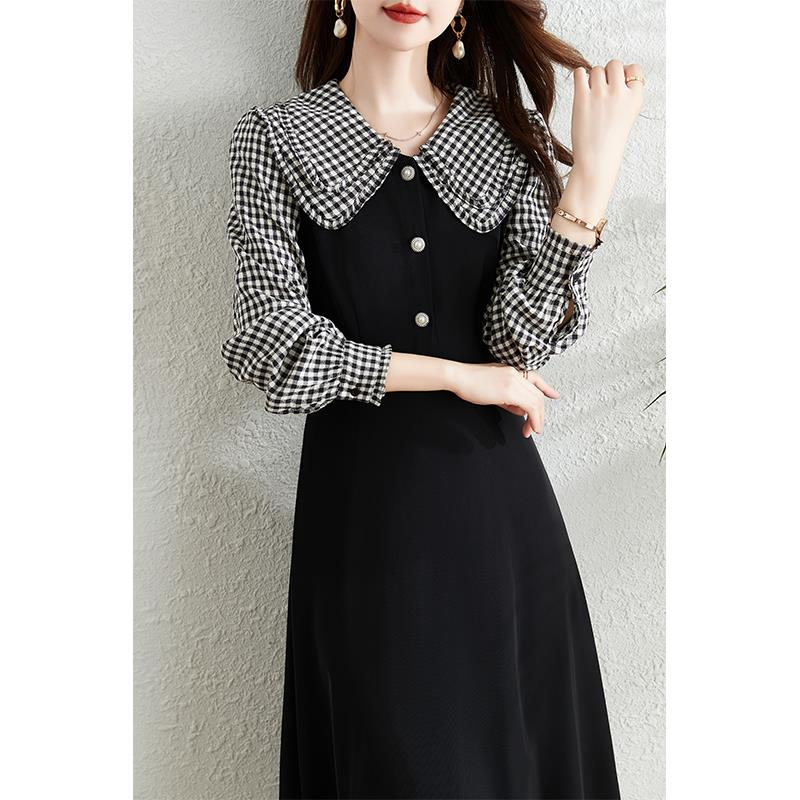 ROUMIKL法式千鸟格娃娃领洋装女春季2025新款收腰显瘦气质中长版a