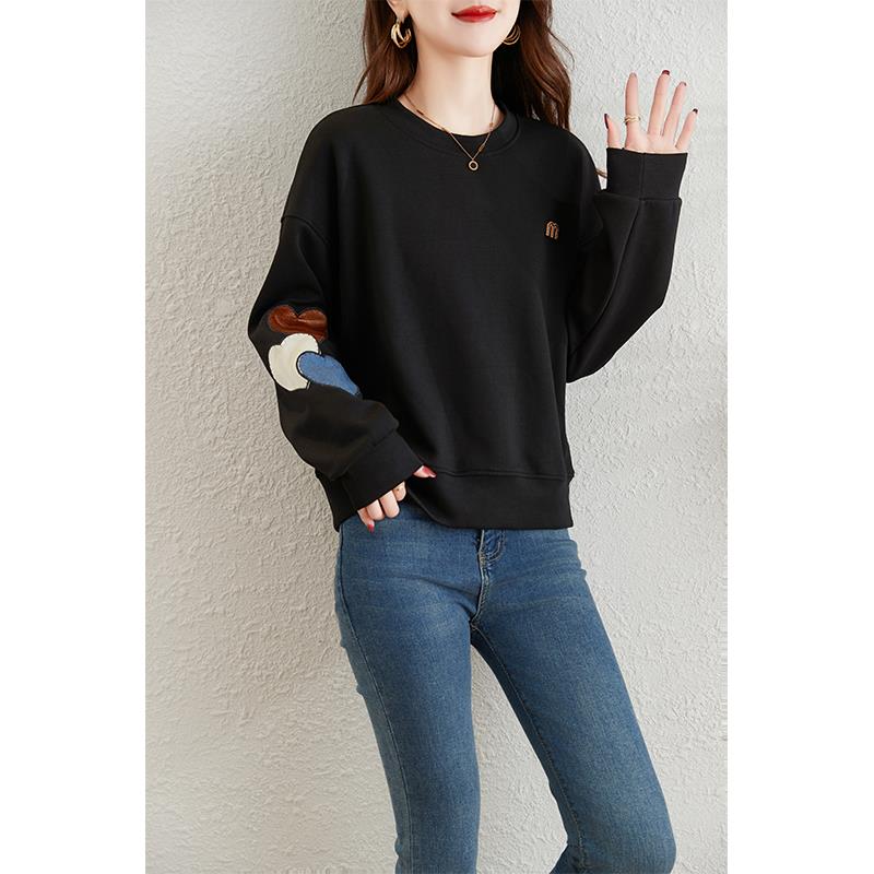 ROUMIKL时尚设计感布贴爱心加绒卫衣女春季2025新款小个子宽松显