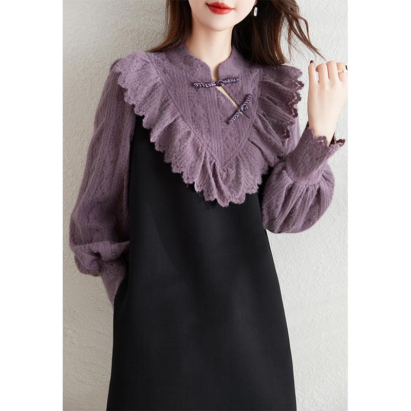 ROUMIKL法式覆古蕾丝拼接假两件洋装女2025春季新款宽松显瘦气质a