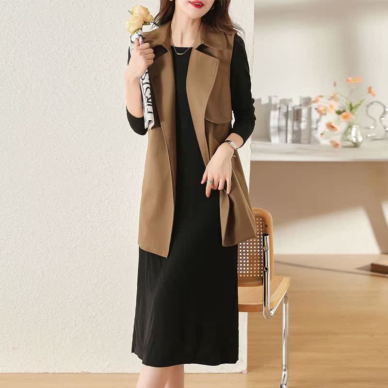 ROUMIKL洋派马甲长裙套装春季2025法式新款时尚气黑色长袖洋装女