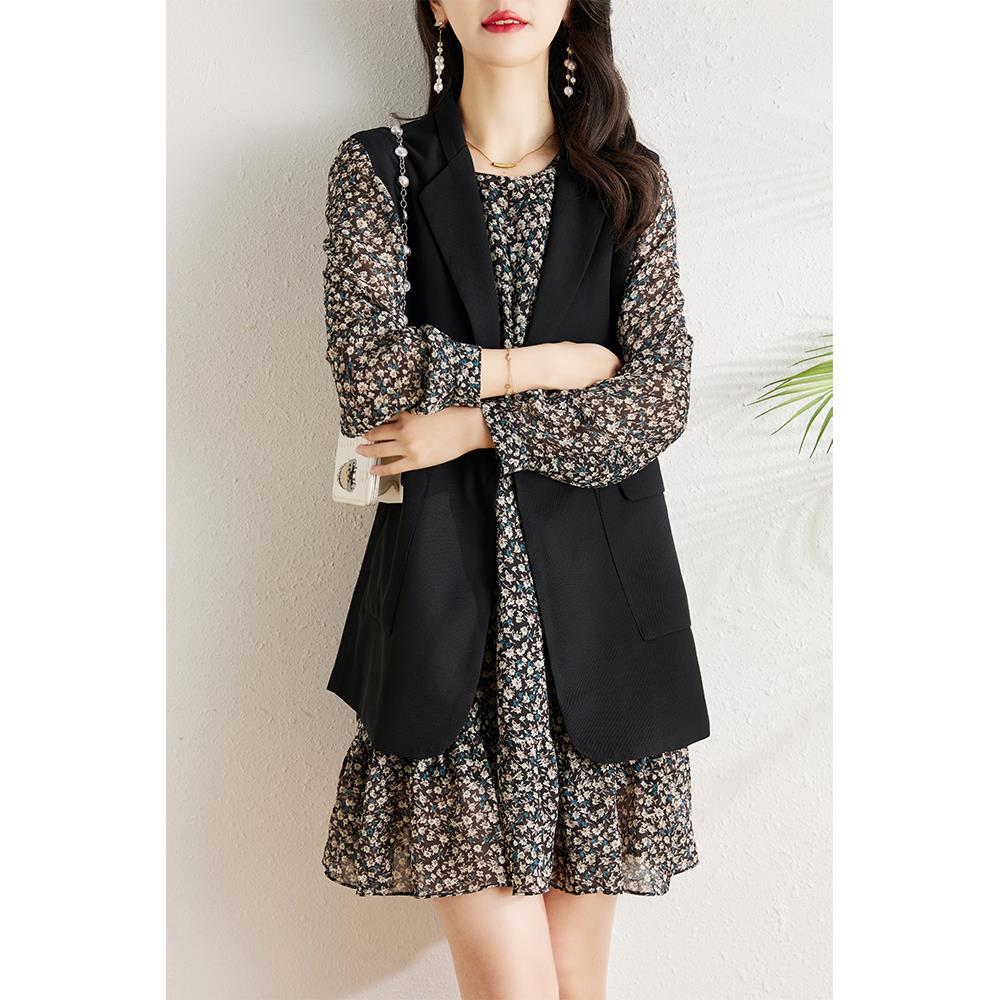 ROUMIKL春季2025年新款韩版时尚马甲两件式套装气质减龄碎花雪纺