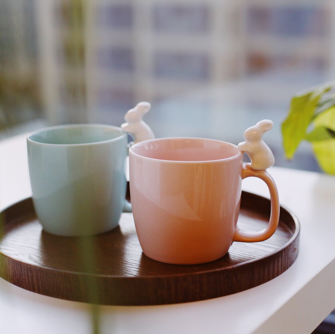 出口单温馨可爱粉色 浅蓝色小兔子陶瓷情侣水杯 马克杯