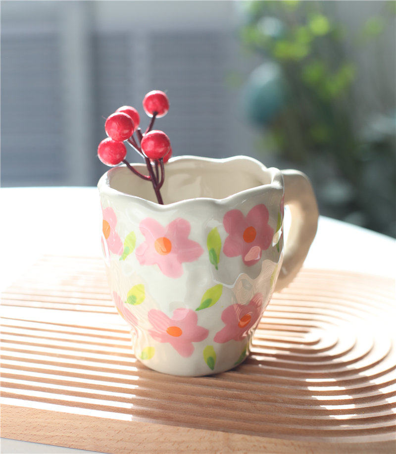 包邮 手柄实心送你一朵小红花丹麦米灰色陶瓷小花朵手捏杯