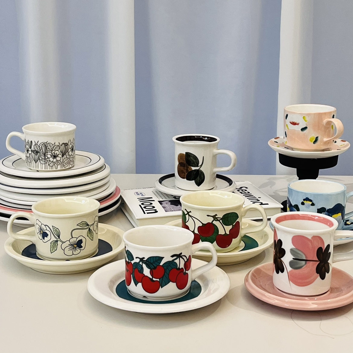 新年特惠 中古风咖啡杯大集合 高温陶瓷杯+碟  樱桃 仙草 玫瑰等