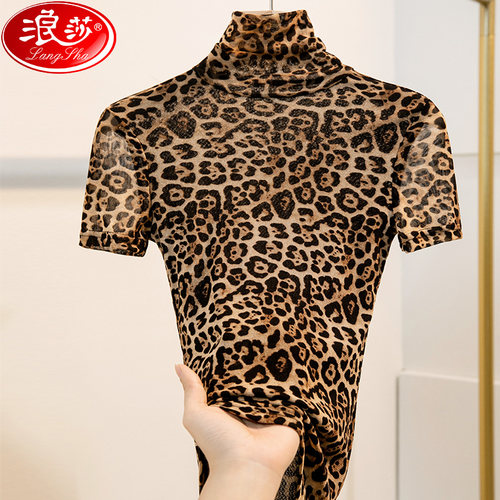 高领网纱打底衫女短袖洋气