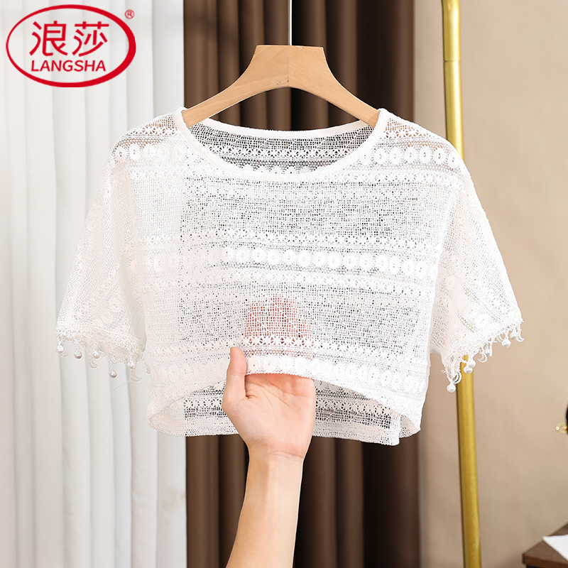 浪莎短款蕾丝罩衫女短款五分袖夏季连衣裙外搭宽松流苏短袖上衣