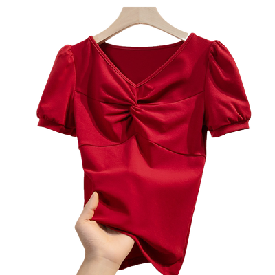 夏装法式V领T恤女短袖洋气