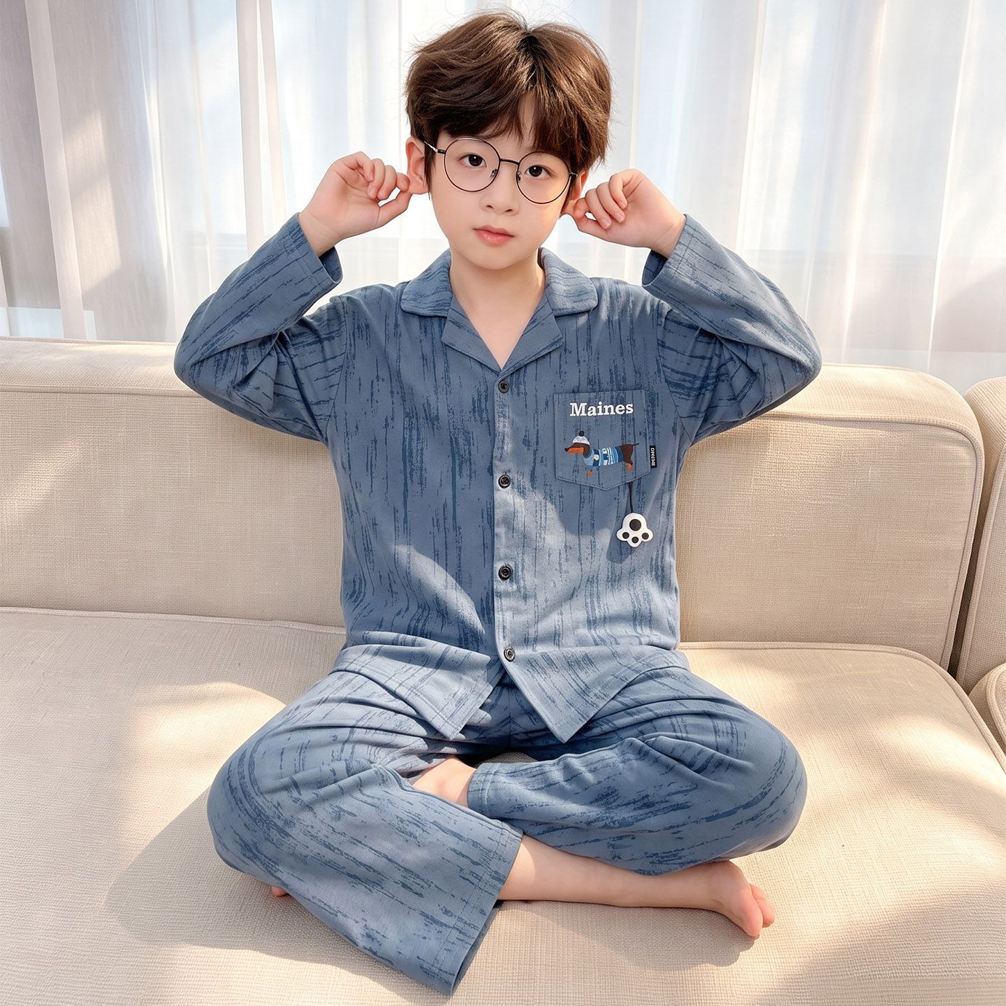 新男童纯棉翻领睡衣儿卡
