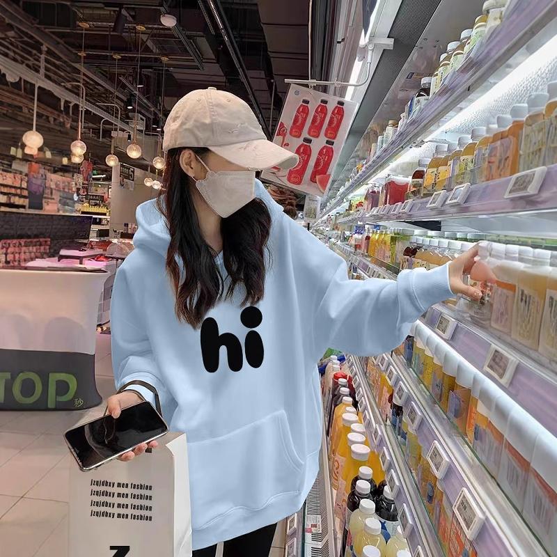 奶蓝色连帽纯棉卫衣女加绒外套潮