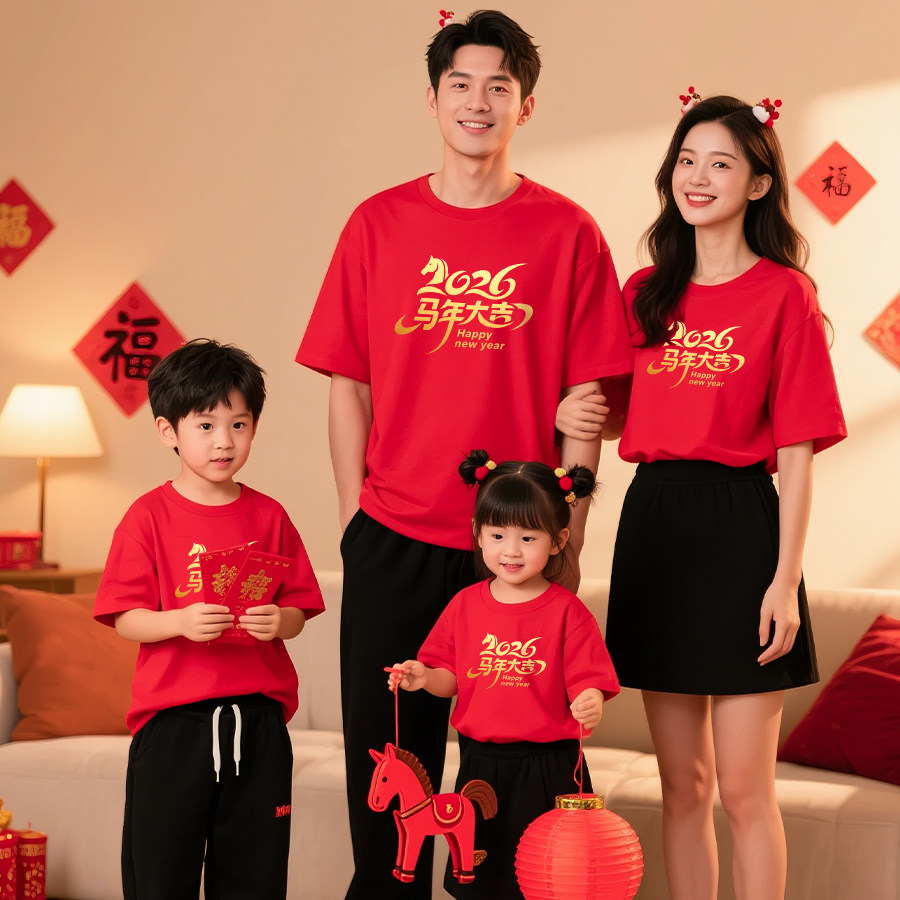 2026马年款亲子装纯棉短袖T恤喜庆红色一家三口家庭装拍照全家福