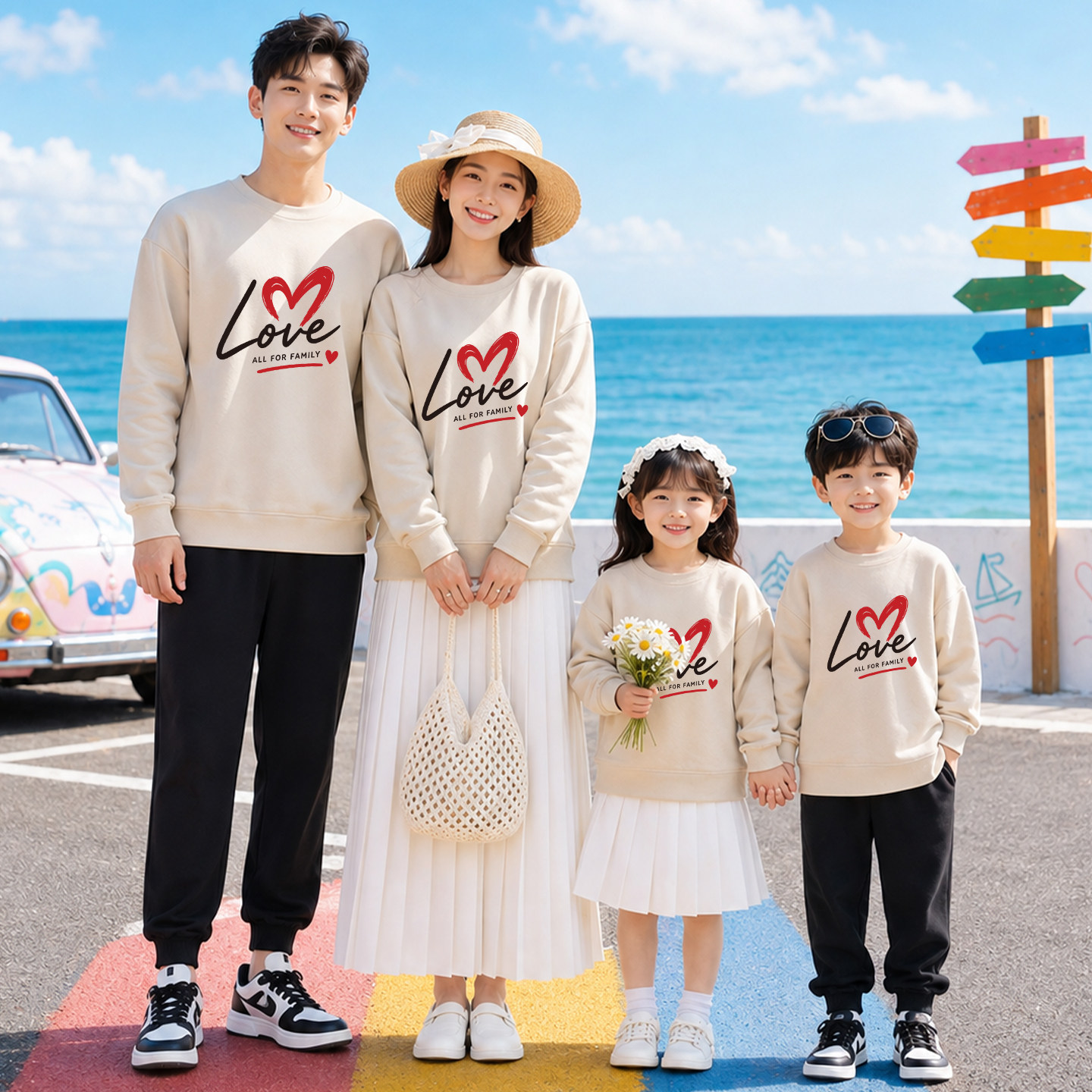 亲子装卫衣一家三口四口秋冬装网红爱心love全家装海边拍照母女装