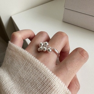 甜酷珍珠碎银戒指女叠戴百搭葡萄串S925指环ins小众个性食指戒潮