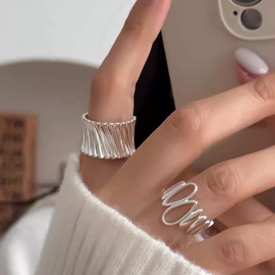 镂空水滴不规则戒指女几何竖纹个性S925镀银开口指环网红食指戒潮