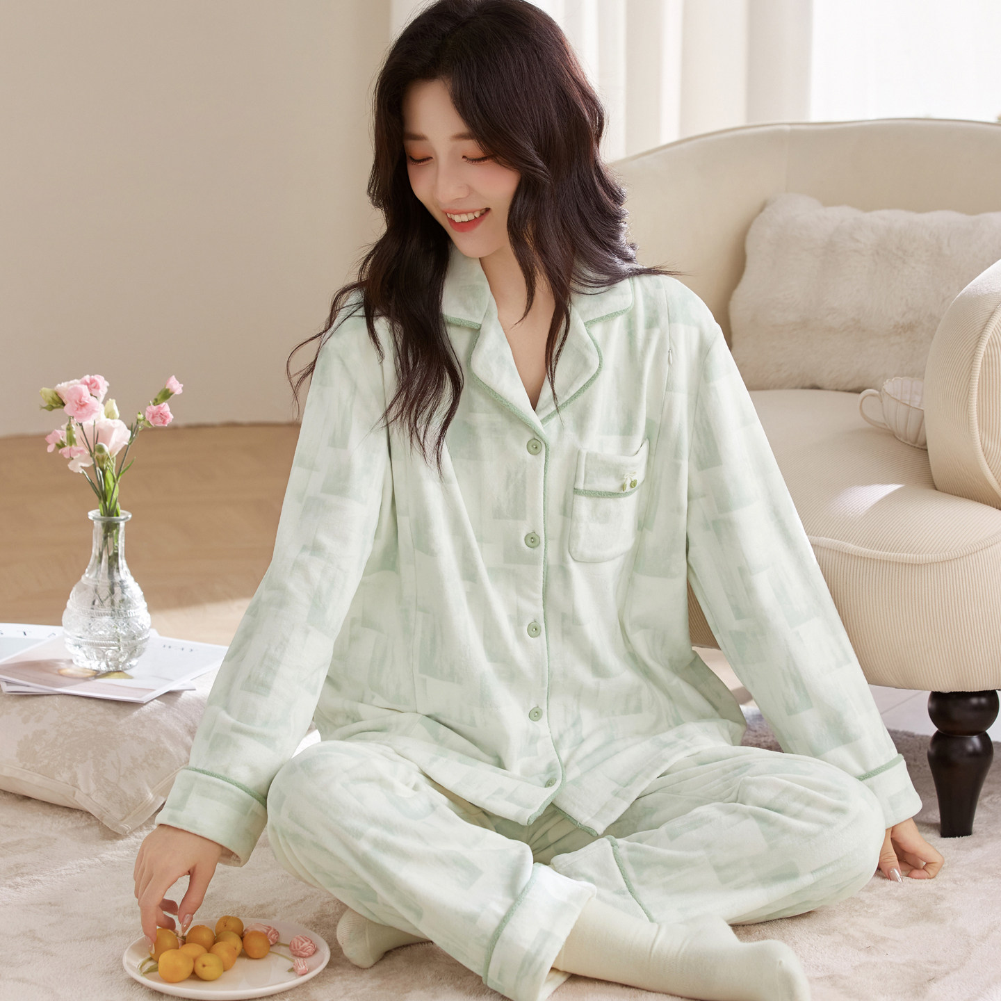 海岛绒产妇家居服月子服冬厚款不勒肚产后加绒孕妇睡衣加厚哺乳衣