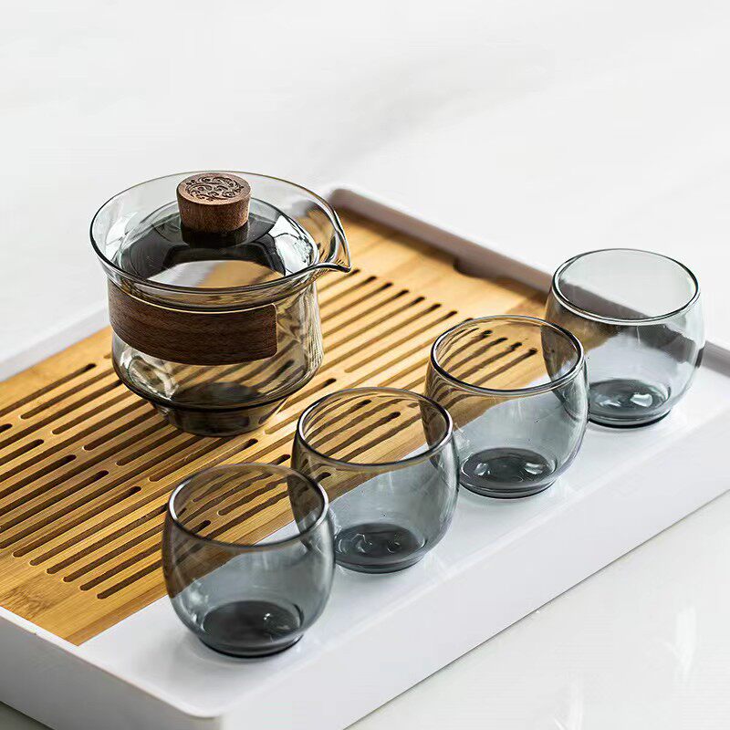 日式玻璃盖碗茶杯防烫茶碗家用不烫手泡茶杯功夫茶具手抓茶壶套装