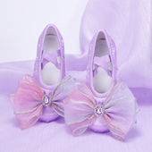 子 舞台演出表演芭蕾鞋 缎面紫色儿童舞蹈鞋 大网纱蝴蝶结软底跳舞鞋