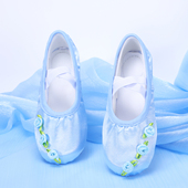 专业舞台演出儿童舞蹈鞋 玫瑰小花 缎面蓝色软底女孩练功芭蕾猫爪鞋