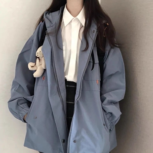 韩版港风连帽外套女学生秋冬新款宽松百搭棒球服休闲工装夹克上衣